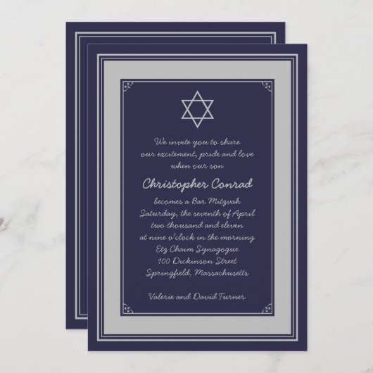 Navy Silver Gray Bar Mitzvah uitnodiging (Voorkant / Achterkant)