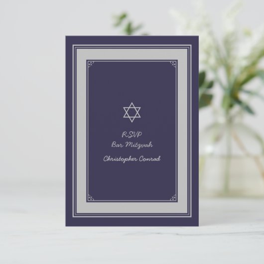 Navy Silver Grey Bar Mitzvah Reply Kaart (Staand voorkant)
