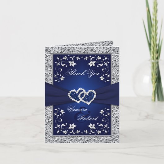 Navy Silver Hearts FAUX Folie FOTO BEDANKKAART (Voorkant)