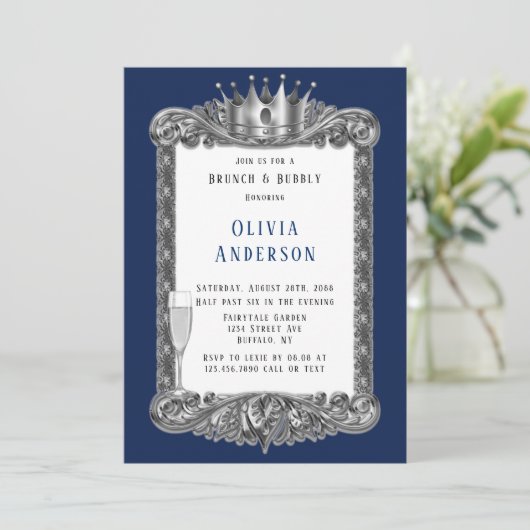 Navy Silver Lijst Royal Crown Brunch en Bubble Kaart (Staand voorkant)