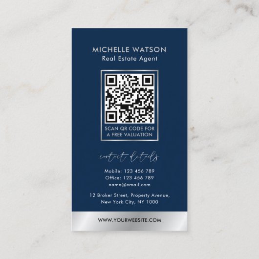 Navy & Silver Logo Elegant Vastgoed QR Code Visitekaartje (Achterkant)