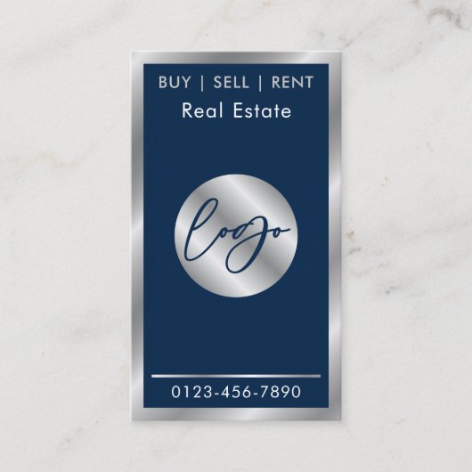 Navy & Silver Logo Elegant Vastgoed QR Code Visitekaartje (Voorkant)