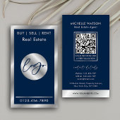 Navy & Silver Logo Elegant Vastgoed QR Code Visitekaartje