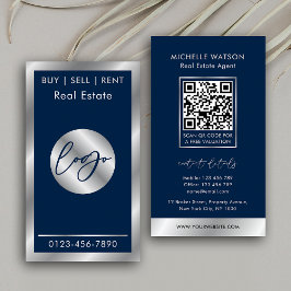 Navy & Silver Logo Elegant Vastgoed QR Code Visitekaartje