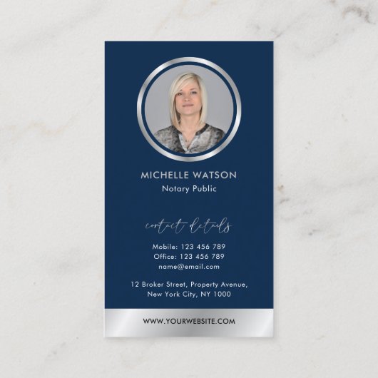 Navy & Silver Logo Notaris Public Sales Agent Foto Visitekaartje (Achterkant)