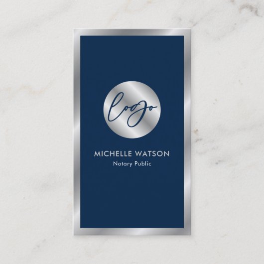 Navy & Silver Logo Notaris Public Sales Agent Foto Visitekaartje (Voorkant)