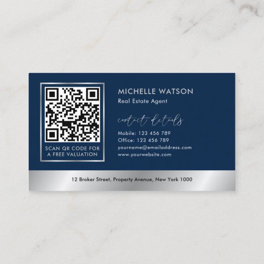 Navy & Silver Logo Verkoopagent Realtor QR-code Visitekaartje (Achterkant)