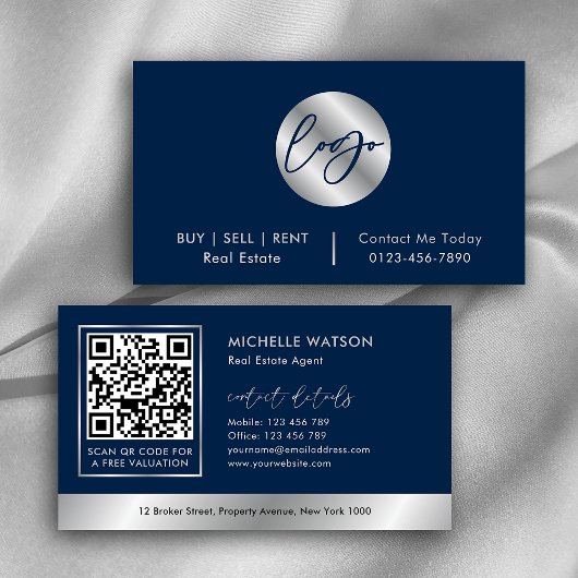 Navy & Silver Logo Verkoopagent Realtor QR-code Visitekaartje