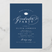 Navy Silver Modern Calligraphy Photo Graduation Folie Uitnodiging (Voorkant)