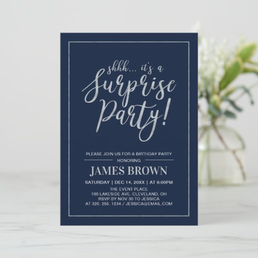 Navy & Silver | Modern Surprise Birthday Kaart (Staand voorkant)