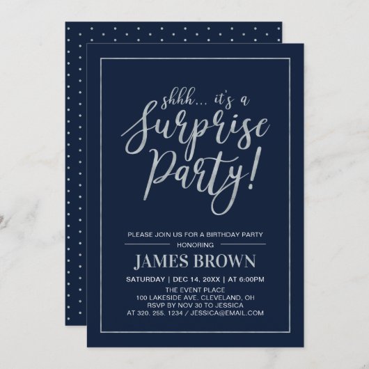 Navy & Silver | Modern Surprise Birthday Kaart (Voorkant / Achterkant)