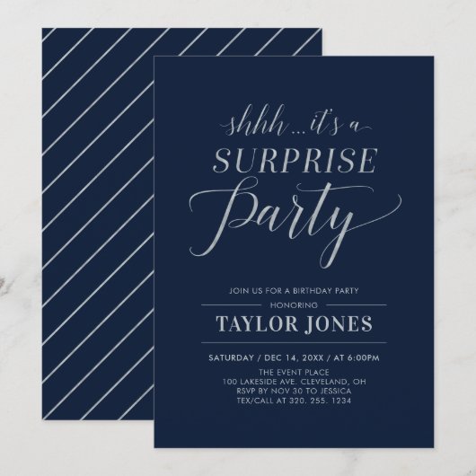 Navy & Silver | Modern Surprise Birthday Kaart (Voorkant / Achterkant)