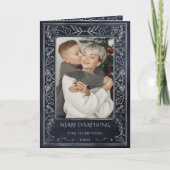 Navy Silver Pine Holly Berry Foto Feestdagen Kaart (Voorkant)