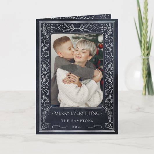 Navy Silver Pine Holly Berry Foto Feestdagen Kaart (Voorkant)