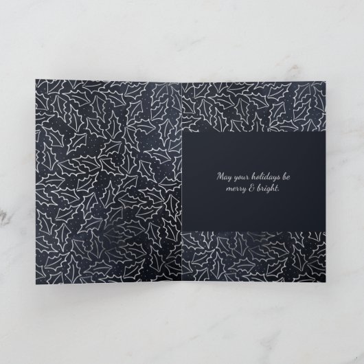 Navy Silver Pine Holly Berry Foto Feestdagen Kaart (Binnen)