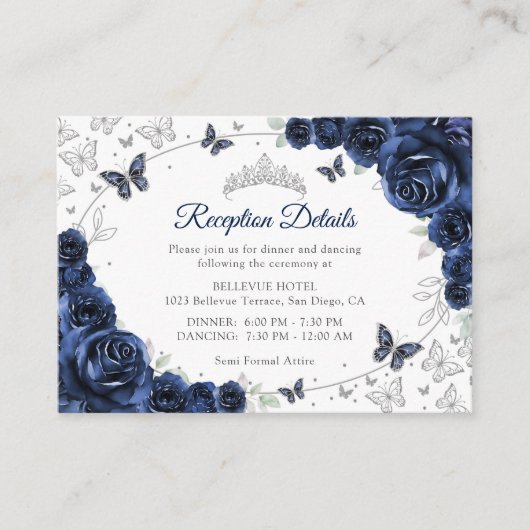 Navy Silver Quinceanera Reception Details Informatiekaartje (Voorkant)