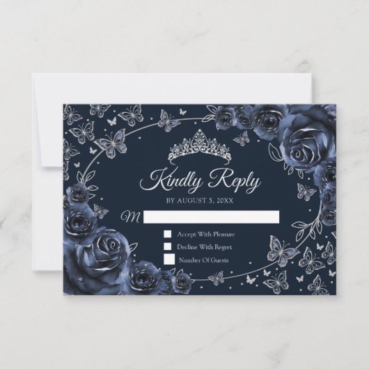 Navy Silver Quinceanera Reply RSVP Kaartje (Voorkant)
