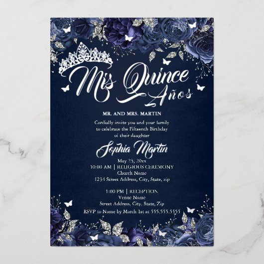 Navy Silver Roos Mis Quince Quinceanera Folie Uitnodiging (Voorkant)
