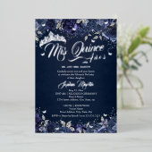 Navy Silver Roos Mis Quince Quinceanera Folie Uitnodiging (Staand Voorkant)