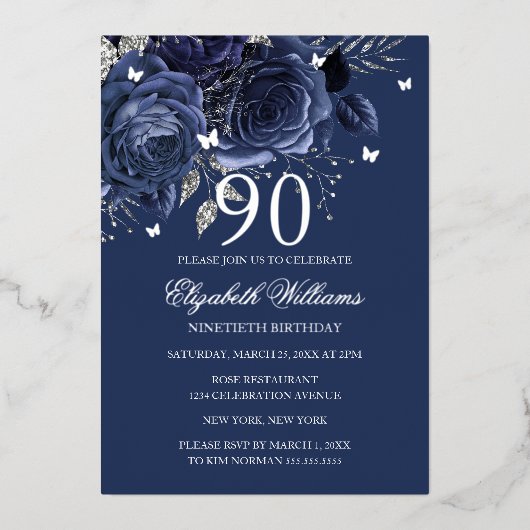 Navy Silver Rose Butterfly 90th Birthday  Folie Uitnodiging (Voorkant)