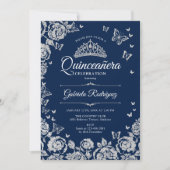 Navy Silver Rozen Vlinders Quinceanera Foto Kaart (Voorkant)