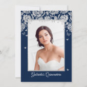 Navy Silver Rozen Vlinders Quinceanera Foto Kaart (Achterkant)