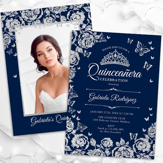 Navy Silver Rozen Vlinders Quinceanera Foto Kaart