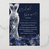 Navy Silver Shimmer Jurk Roos Vrijgezellenfeest Folie Uitnodiging (Voorkant)