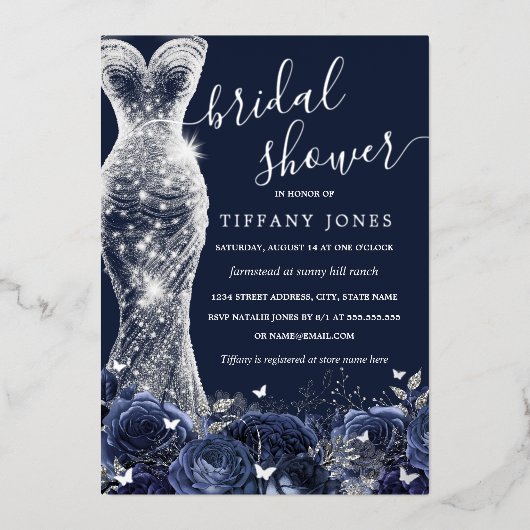 Navy Silver Shimmer Jurk Roos Vrijgezellenfeest Folie Uitnodiging (Voorkant)