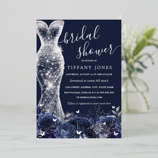 Navy Silver Shimmer Jurk Roos Vrijgezellenfeest Folie Uitnodiging (Staand Voorkant)