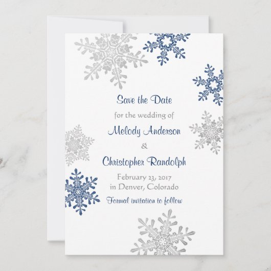 Navy Silver Snowflake Winter Wedding Save the Date (Voorkant)