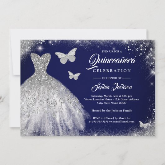 Navy Silver Sparkle Jurk Vlinder Quinceanera Kaart (Voorkant)