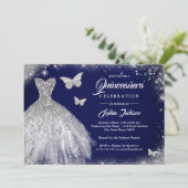 Navy Silver Sparkle Jurk Vlinder Quinceanera Kaart (Staand voorkant)