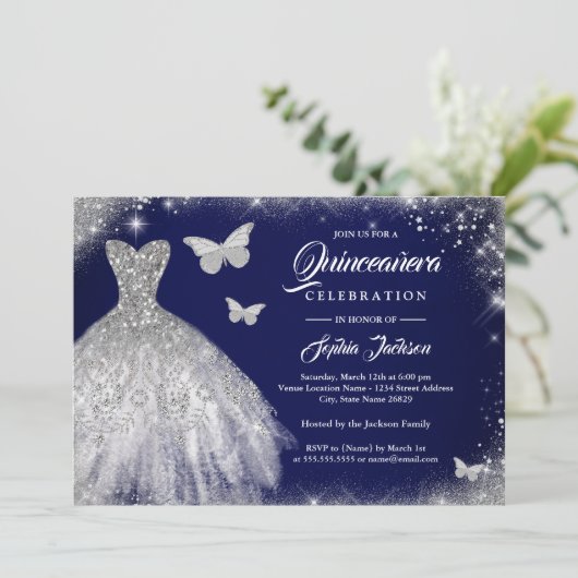 Navy Silver Sparkle Jurk Vlinder Quinceanera Kaart (Staand voorkant)