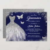 Navy Silver Sparkle Jurk Vlinder Quinceanera Kaart (Voorkant / Achterkant)