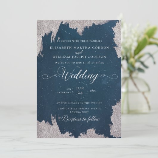 Navy Silver Star Celestial Winter Bruiloft Kaart (Staand voorkant)