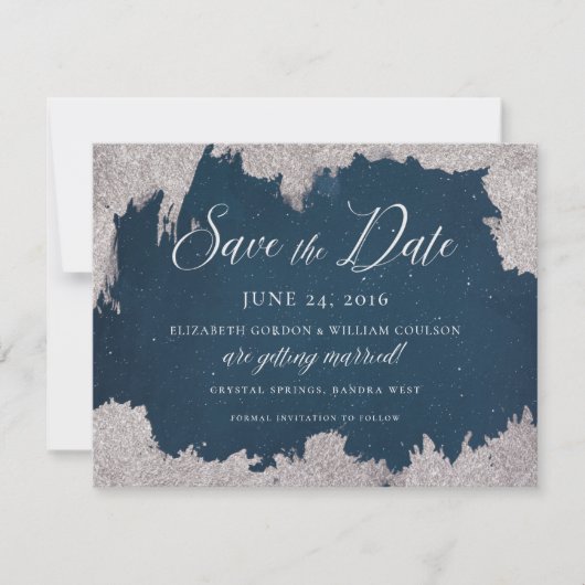 Navy Silver Star Celestial Winter Frost Bruiloft Save The Date (Voorkant)