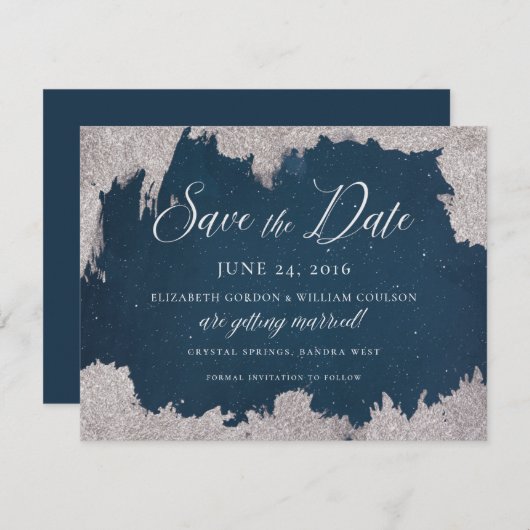 Navy Silver Star Celestial Winter Frost Bruiloft Save The Date (Voorkant / Achterkant)