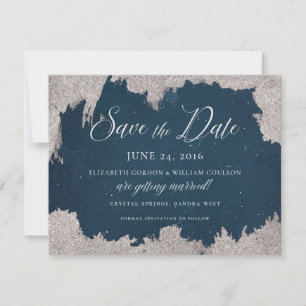 Navy Silver Star Celestial Winter Frost Bruiloft Save The Date