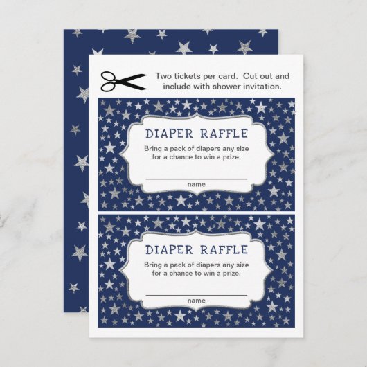 Navy Silver Stars Boy Diaper Raffle tickets Uitnodiging Briefkaart (Voorkant / Achterkant)