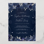 Navy Silver Swirl Scroll bruiloft Folie Uitnodiging (Voorkant)