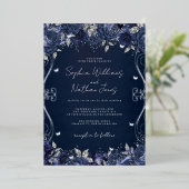 Navy Silver Swirl Scroll bruiloft Folie Uitnodiging (Staand Voorkant)