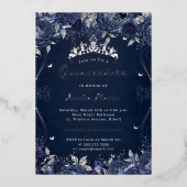 Navy Silver Swirl Scroll Floral Quinceanera Folie Uitnodiging (Voorkant)