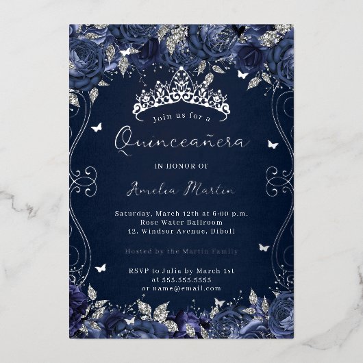 Navy Silver Swirl Scroll Floral Quinceanera Folie Uitnodiging (Voorkant)