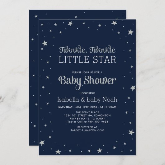 Navy & Silver | Twinkle Little Star-Baby shower Kaart (Voorkant / Achterkant)