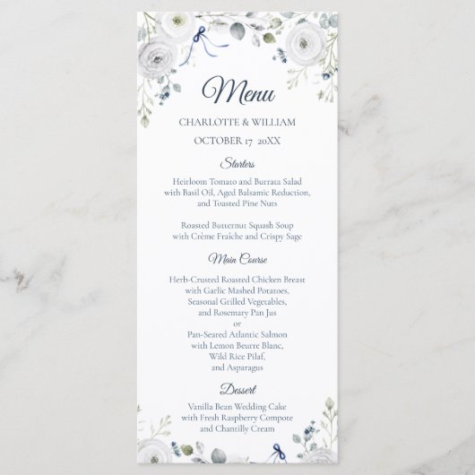 Navy Silver Watercolor Floral Wedding Menu (Voorkant)