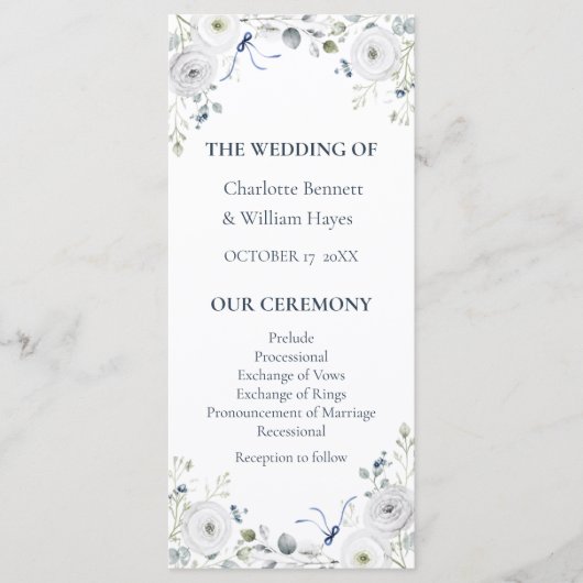 Navy Silver Watercolor Floral Wedding Program Programmakaart (Voorkant)
