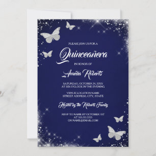 Navy Silver Waterverf Butterfly Dress Quinceanera Kaart