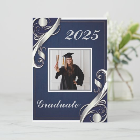 Navy Silver White Afstuderen 2025 Kaart (Staand voorkant)