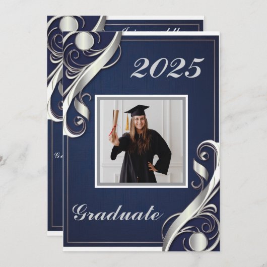 Navy Silver White Afstuderen 2025 Kaart (Voorkant / Achterkant)